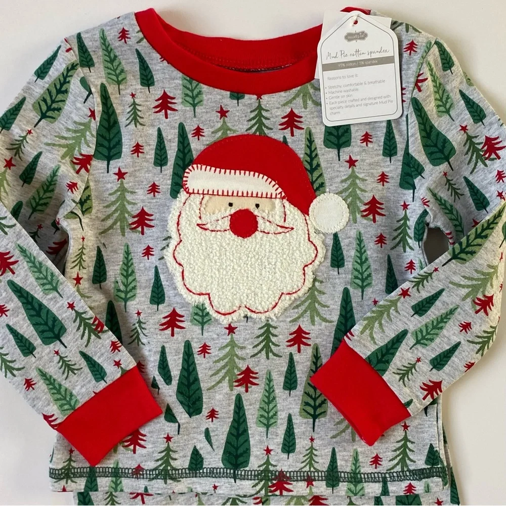 Mud Pie Kids Santa Pajamas Size 9 12 Months Christmas 2 Piece Long Johns Trees